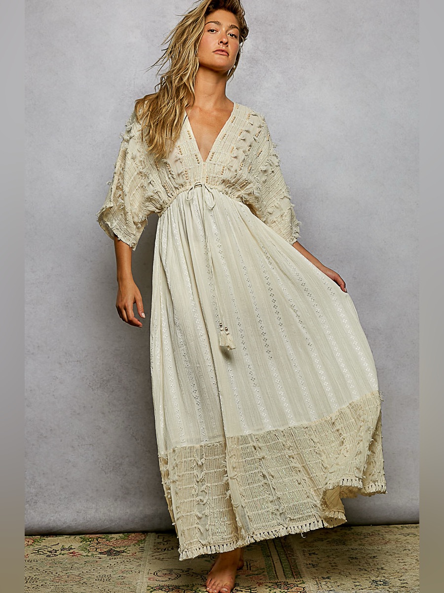 Pol Cream Boho Maxi Dress Fringe Textured V Neck Cottagecore Resort
